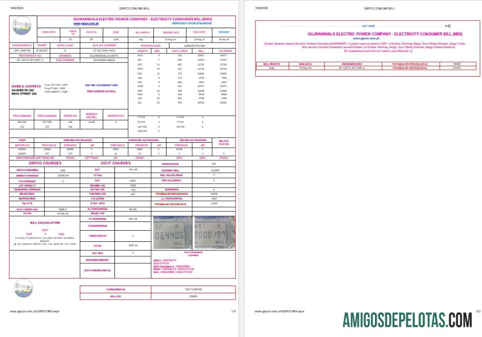 Paquistão Gujanwala Electric Power Company Eletricidade Business Utility Bill Formatos Word e PDF, 2 páginas baixar para verificação